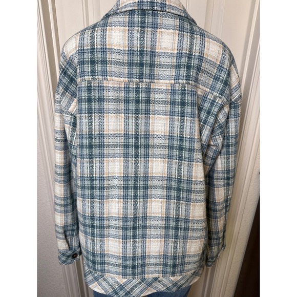 BOSTON TRADERS Plaid Shirt Jacket Oversized Blue Green Tan Women's Size L - Picture 4 of 5